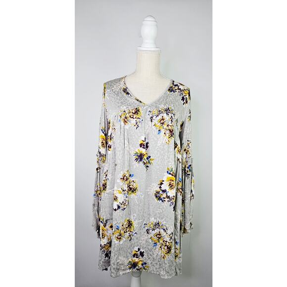 Altar’d State Large Gray Floral Babydoll Tunic Dress Boho Gypsy Flare Sleeve - Picture 3 of 13